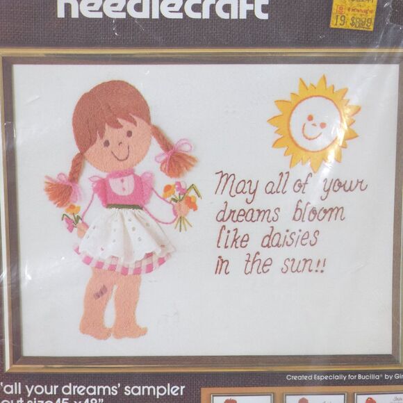 Vintage Bucilla All Your Dreams Crewel Kit 3526 15x18 Sealed NOS Grannycore Cute - Picture 2 of 5